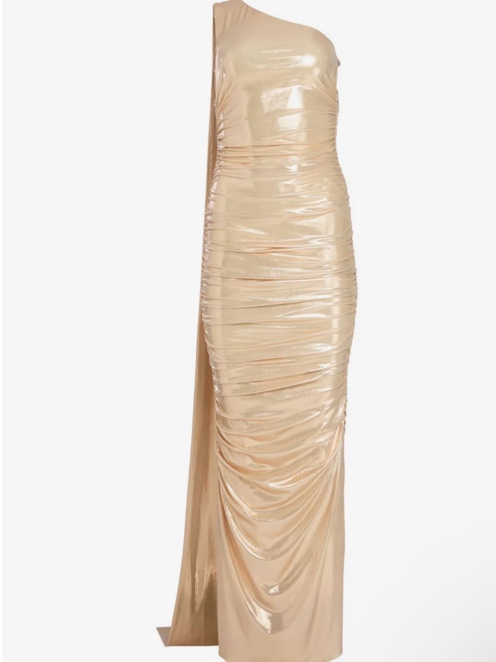 Retrofete One-Shoulder Metallic Champagne-Gold Ruched Gown
